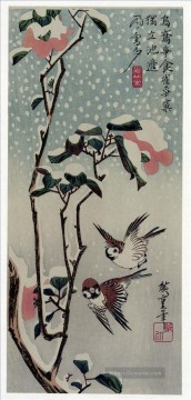 Tier Werke - Spatzen und Kamelien im Schnee 1838 Utagawa Hiroshige Vögel